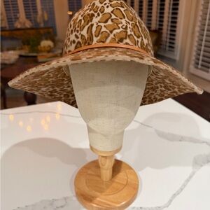 Helen Kaminski Animal Print Beige/Tan Wool Felt Hat with Leather Trim